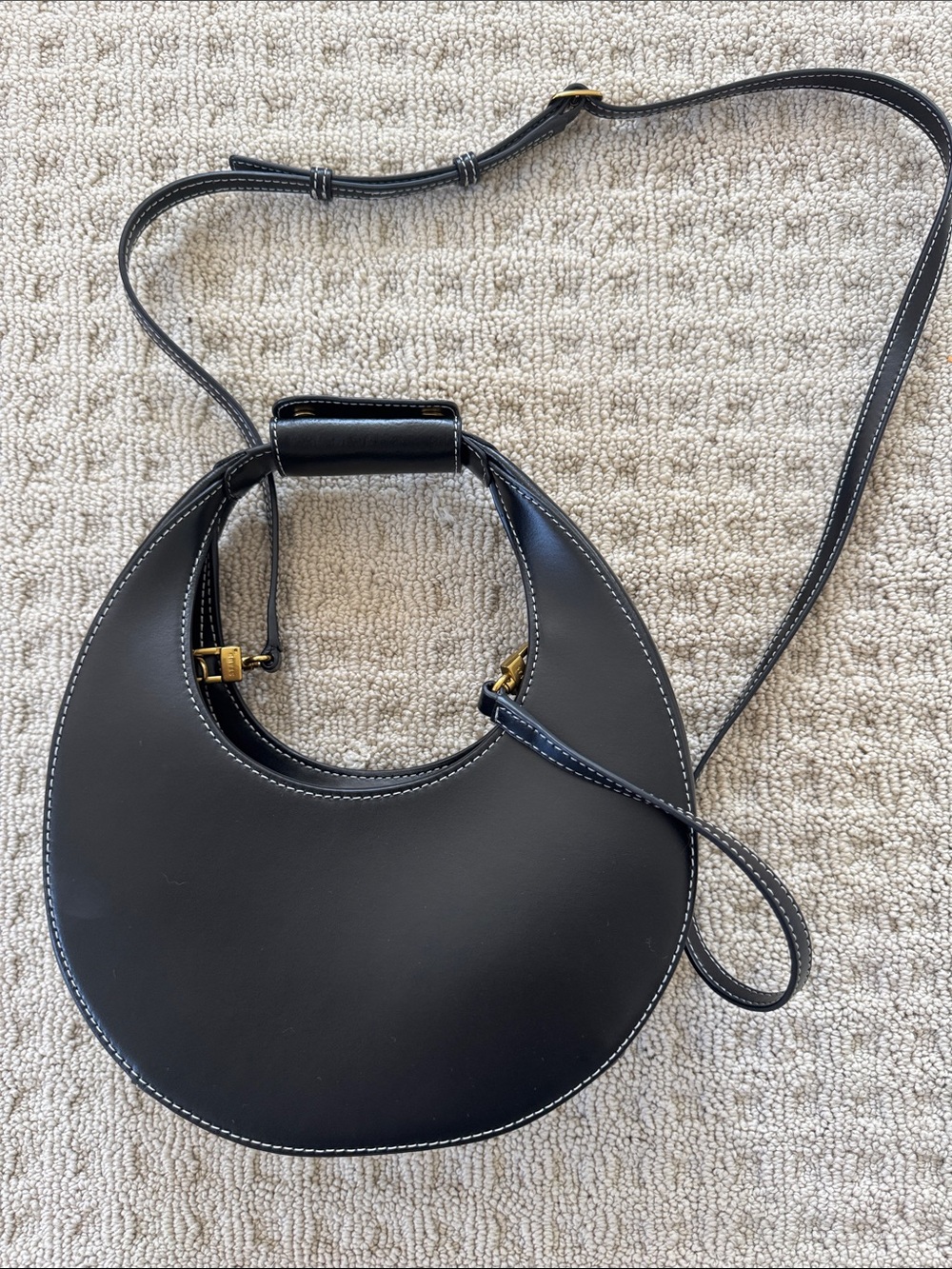 STAUD Black Leather Moon Bag with Gold Hardware Detachable Strap